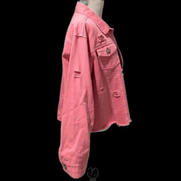 NWT White Birch Black Label Pink Distressed 100% Cotton Oversized Denim Jacket M - Picture 3 of 13